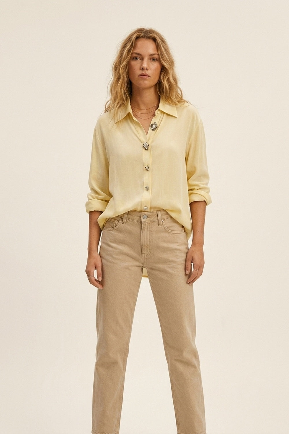 UNIKCOSA Butter Yellow Embellished Button-Down Blouse in tencel fabric