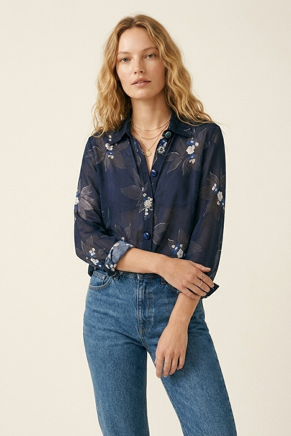 Navy Floral Button-Up Shirt in chiffon with Long Sleeves