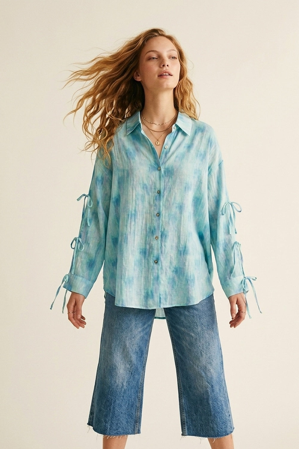 oversized light blue Tie-Sleeve Button-Up Shirt