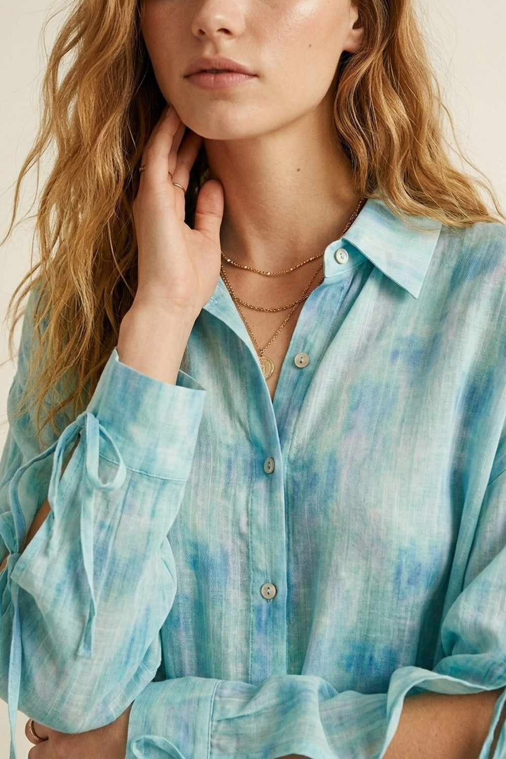 oversized light blue Tie-Sleeve Button-Up Shirt