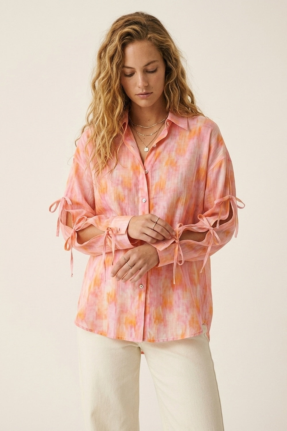 oversized Pink Tie-Sleeve Button-Up Shirt