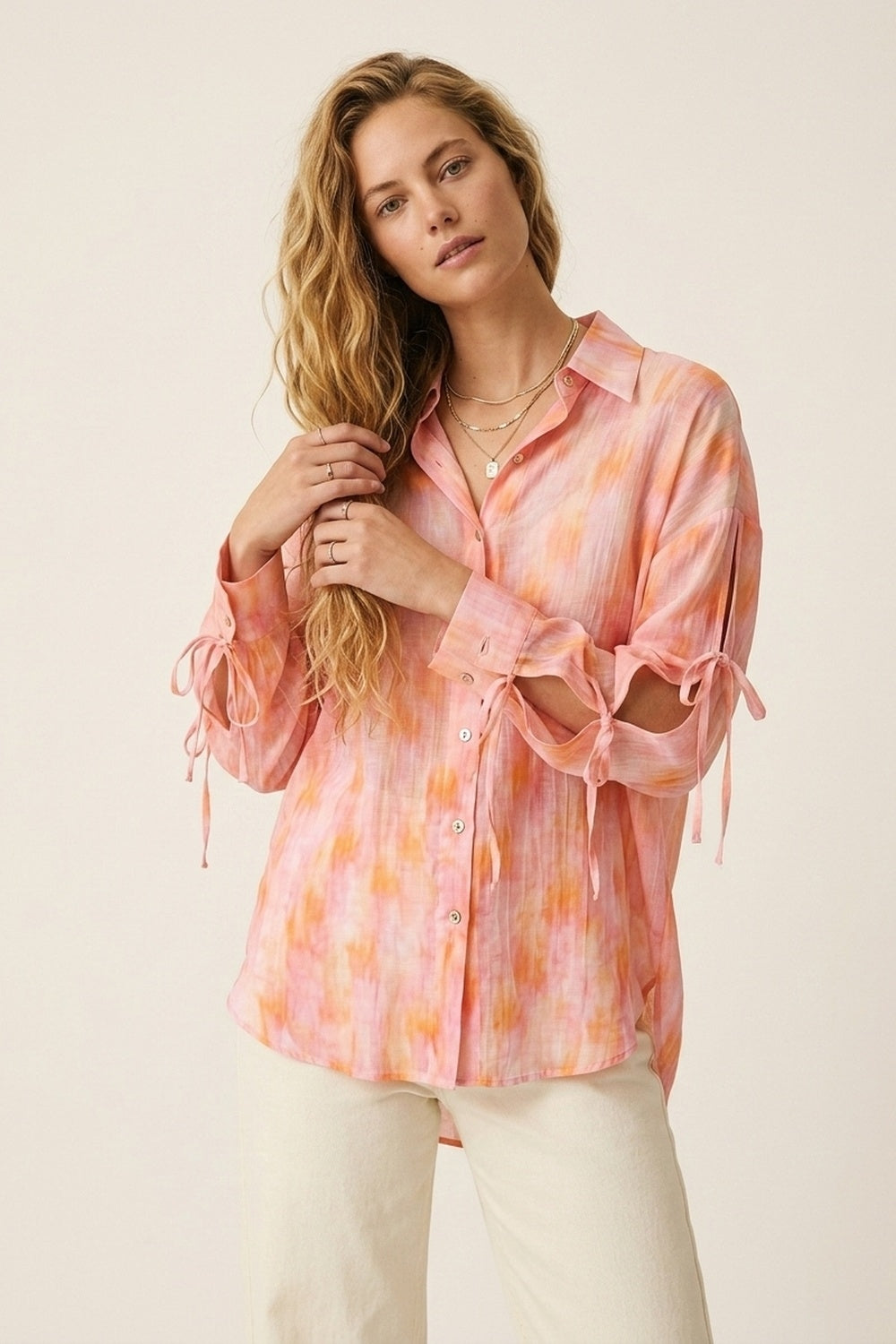 oversized Pink Tie-Sleeve Button-Up Shirt