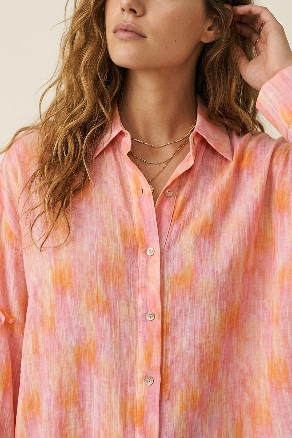 oversized Pink Tie-Sleeve Button-Up Shirt