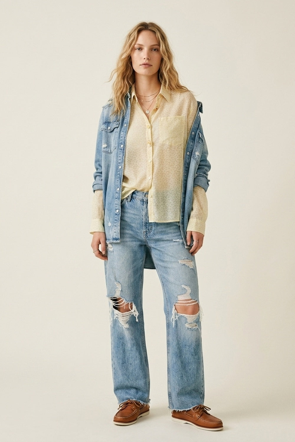 Light Yellow Button-Front Sheer Blouse with Subtle Print