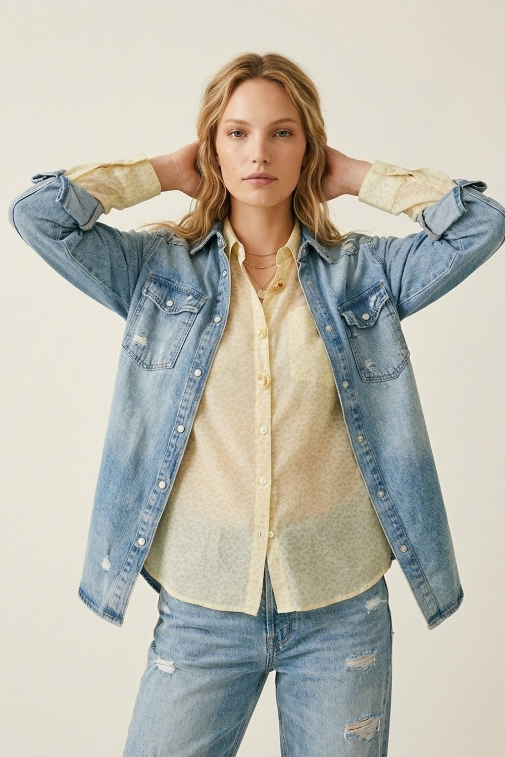 Light Yellow Button-Front Sheer Blouse with Subtle Print