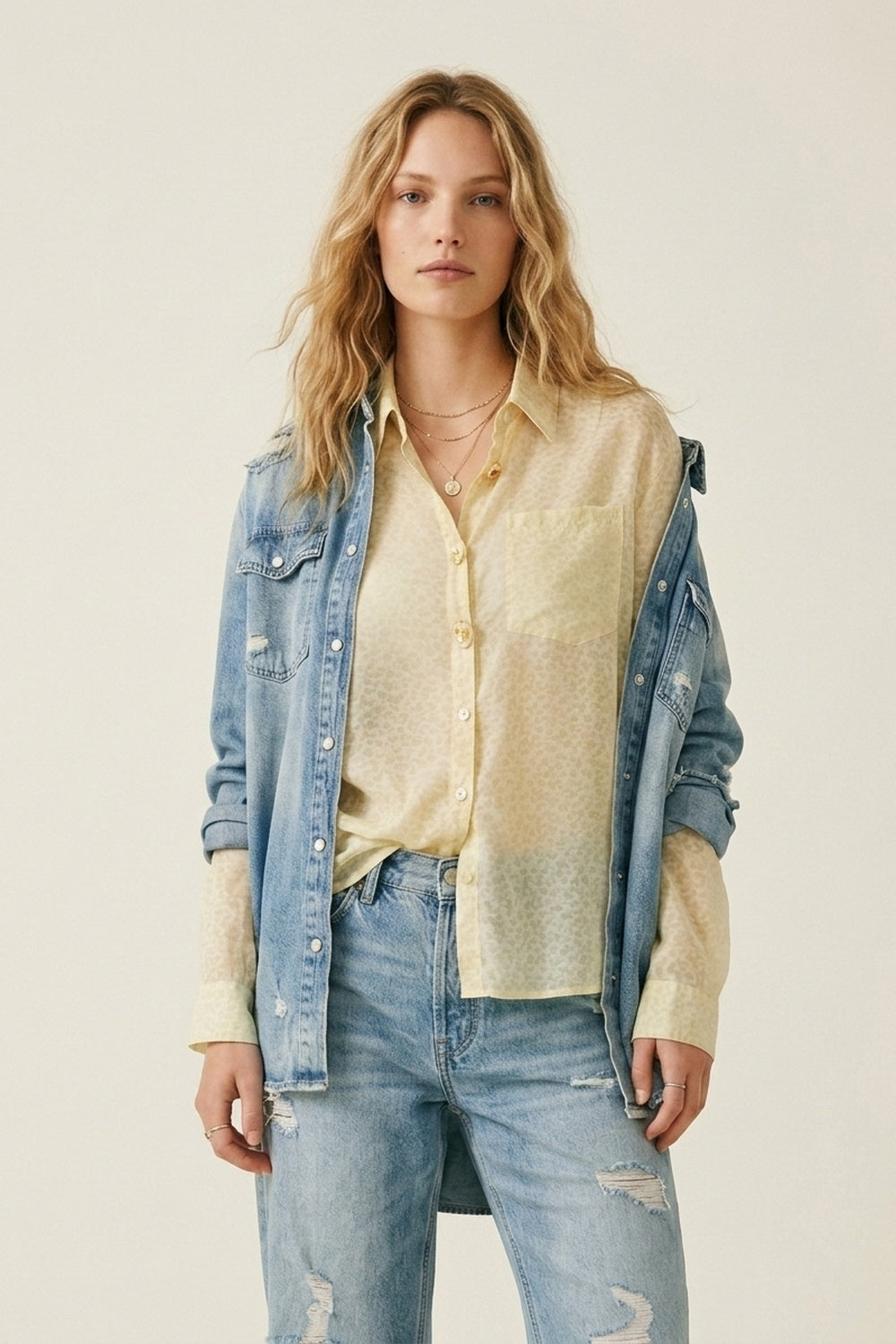 Light Yellow Button-Front Sheer Blouse with Subtle Print