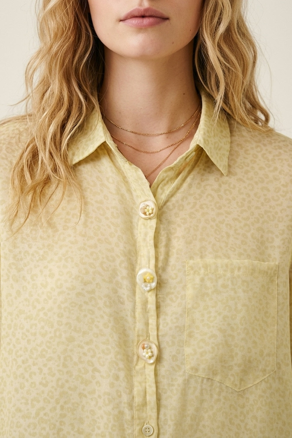 Light Yellow Button-Front Sheer Blouse with Subtle Print