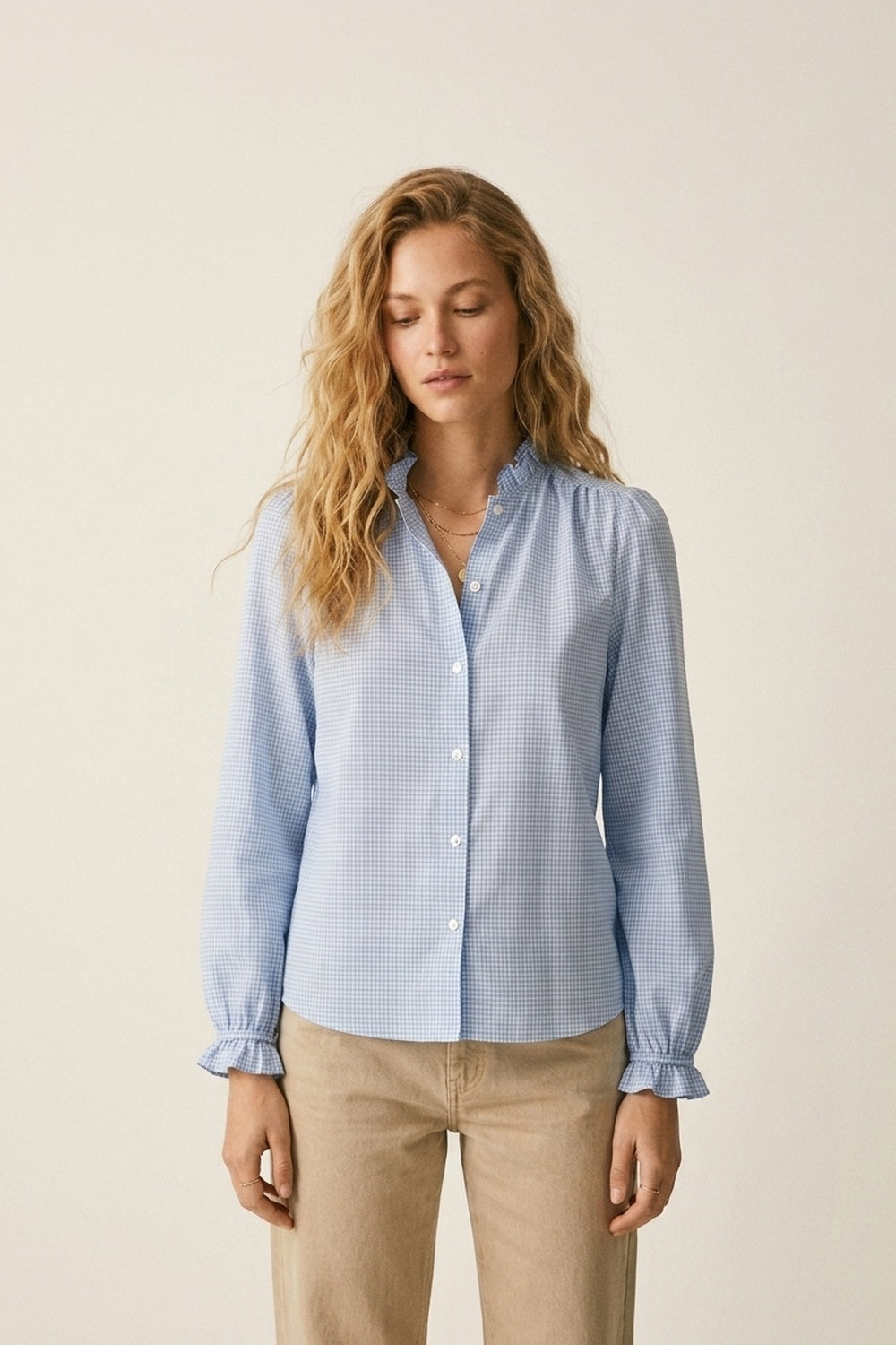 Light Blue Gingham Ruffle Collar Button-Up Shirt