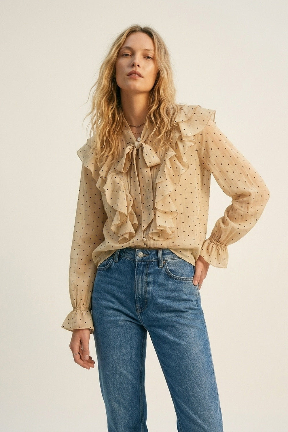 Beige Polka Dot Ruffled Tie-Neck Blouse