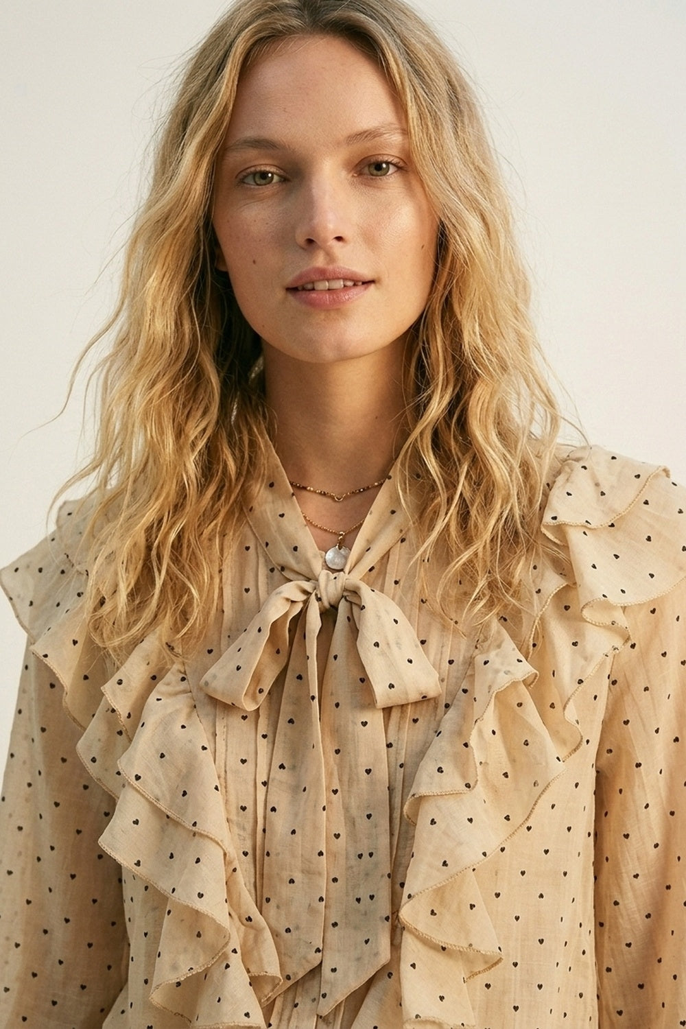 Beige Polka Dot Ruffled Tie-Neck Blouse