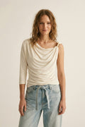 Cream one sleeve Top in elastic viscose with Gold Accent Detail
