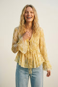 Yellow Sheer Printed Tie-Waist Blouse with Ruffled Hem