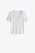 White Ribbed Knit Scoop Neck sweater with shiny lurex trim