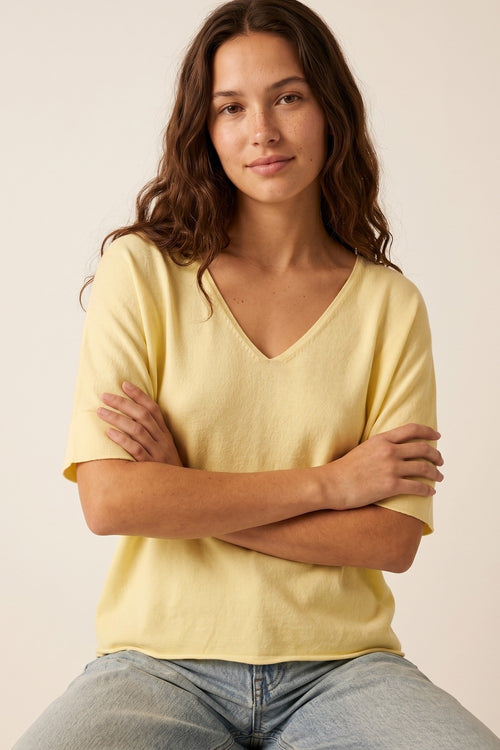 butter Yellow V-Neck Relaxed Fit Short Sleeve sweater — view 1 of 3