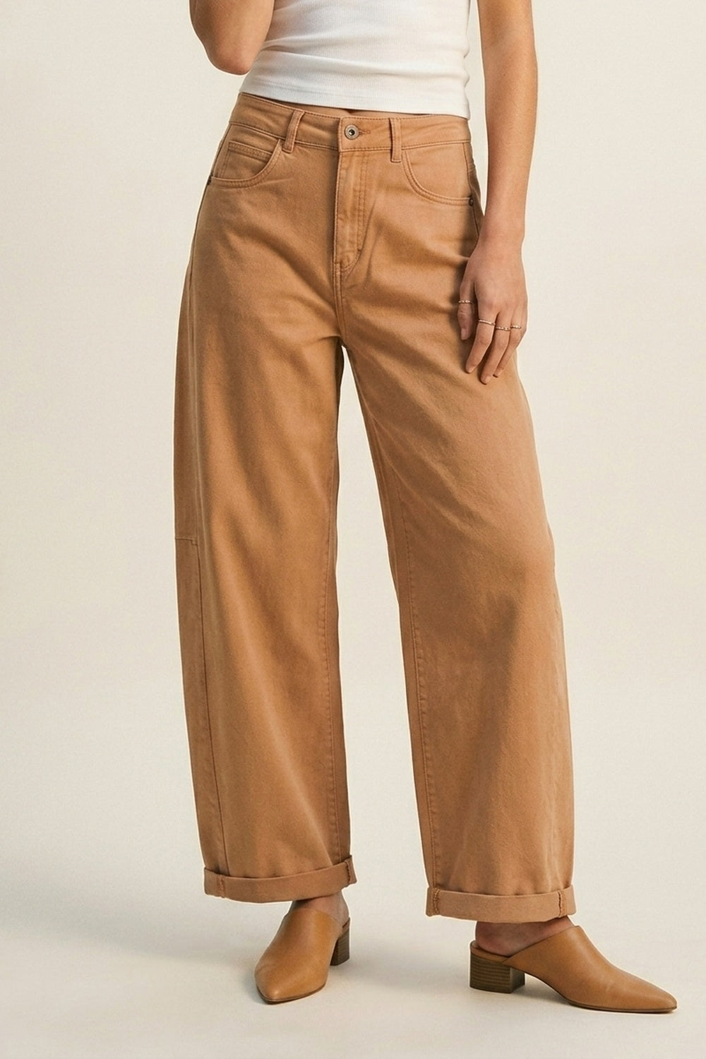 Orange Wide-Leg Barrel style Pants with Rolled Hems