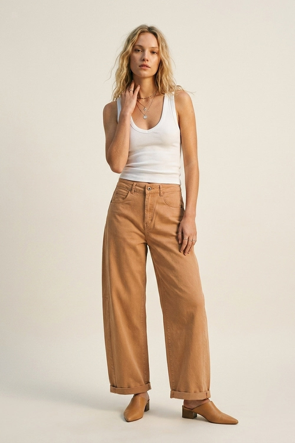 Orange Wide-Leg Barrel style Pants with Rolled Hems
