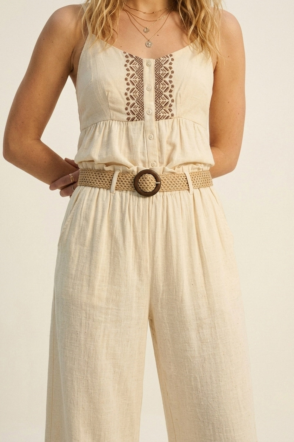 Cream lightweight Wide-Leg Pants with Woven Belt Detail