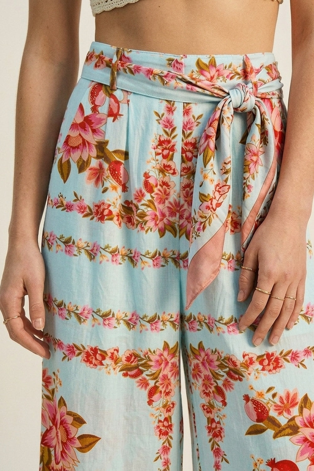 Light Blue Floral Print Cotton Tie Waist Wide Leg Pants