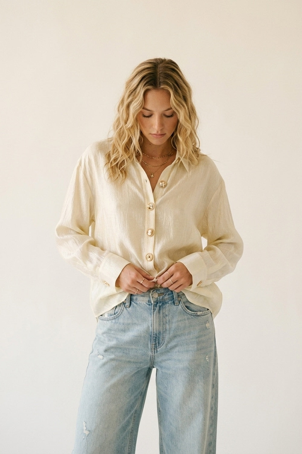 bright fabric beige blouse with retro buttons