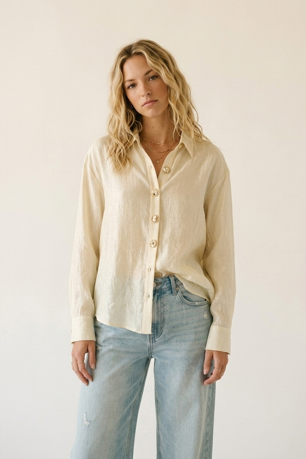 bright fabric beige blouse with retro buttons
