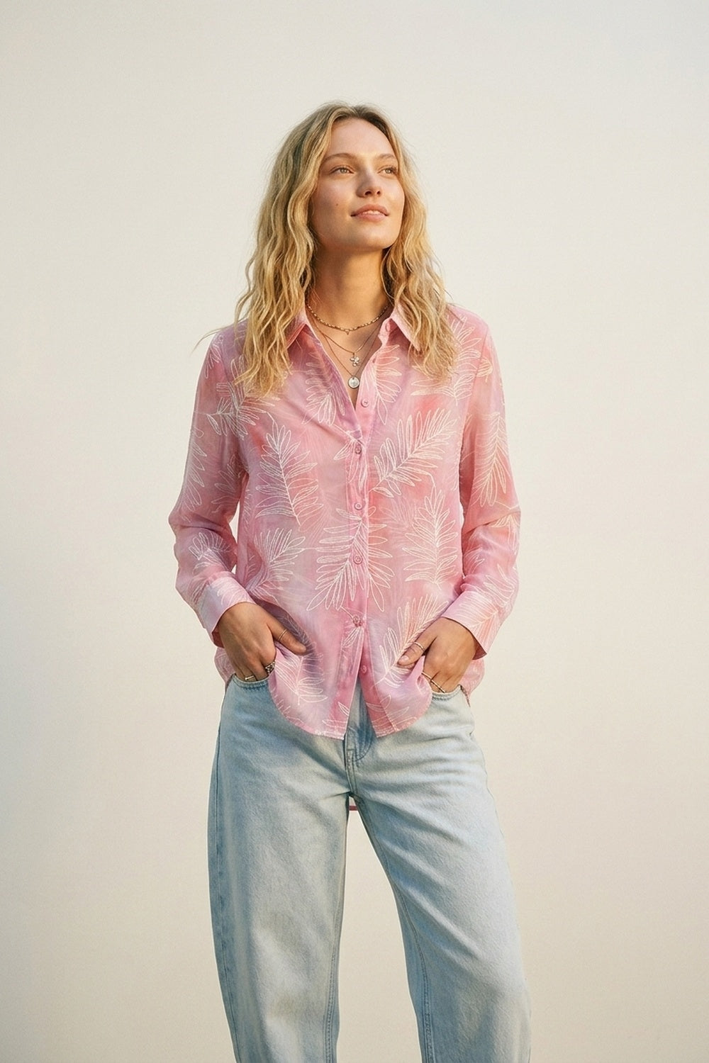 Pink Sheer Leaf Print Button-Up Shirt with translucent fabric