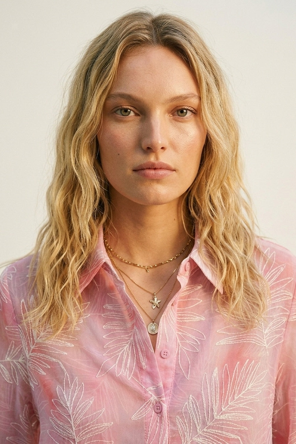 Pink Sheer Leaf Print Button-Up Shirt with translucent fabric