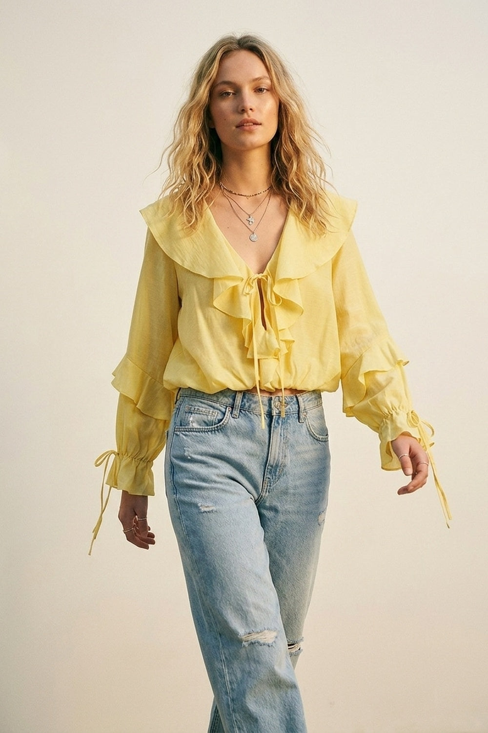 Yellow Ruffled Tie-Front Long Sleeve Blouse