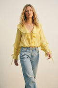 Yellow Ruffled Tie-Front Long Sleeve Blouse