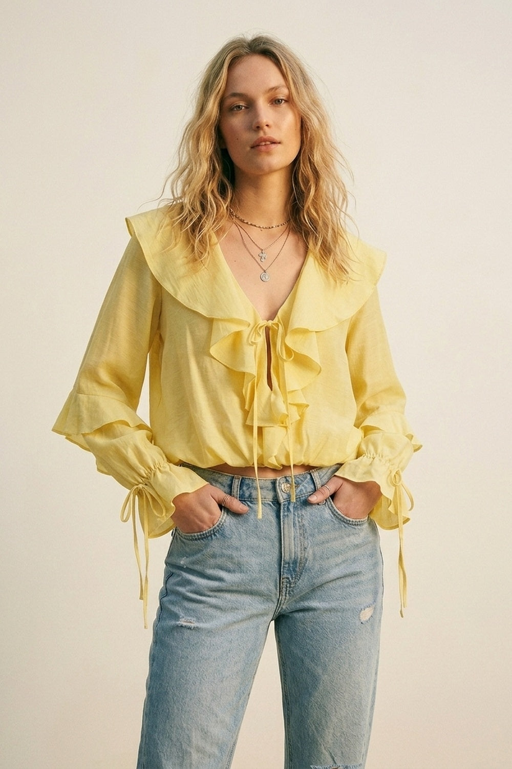 Yellow Ruffled Tie-Front Long Sleeve Blouse