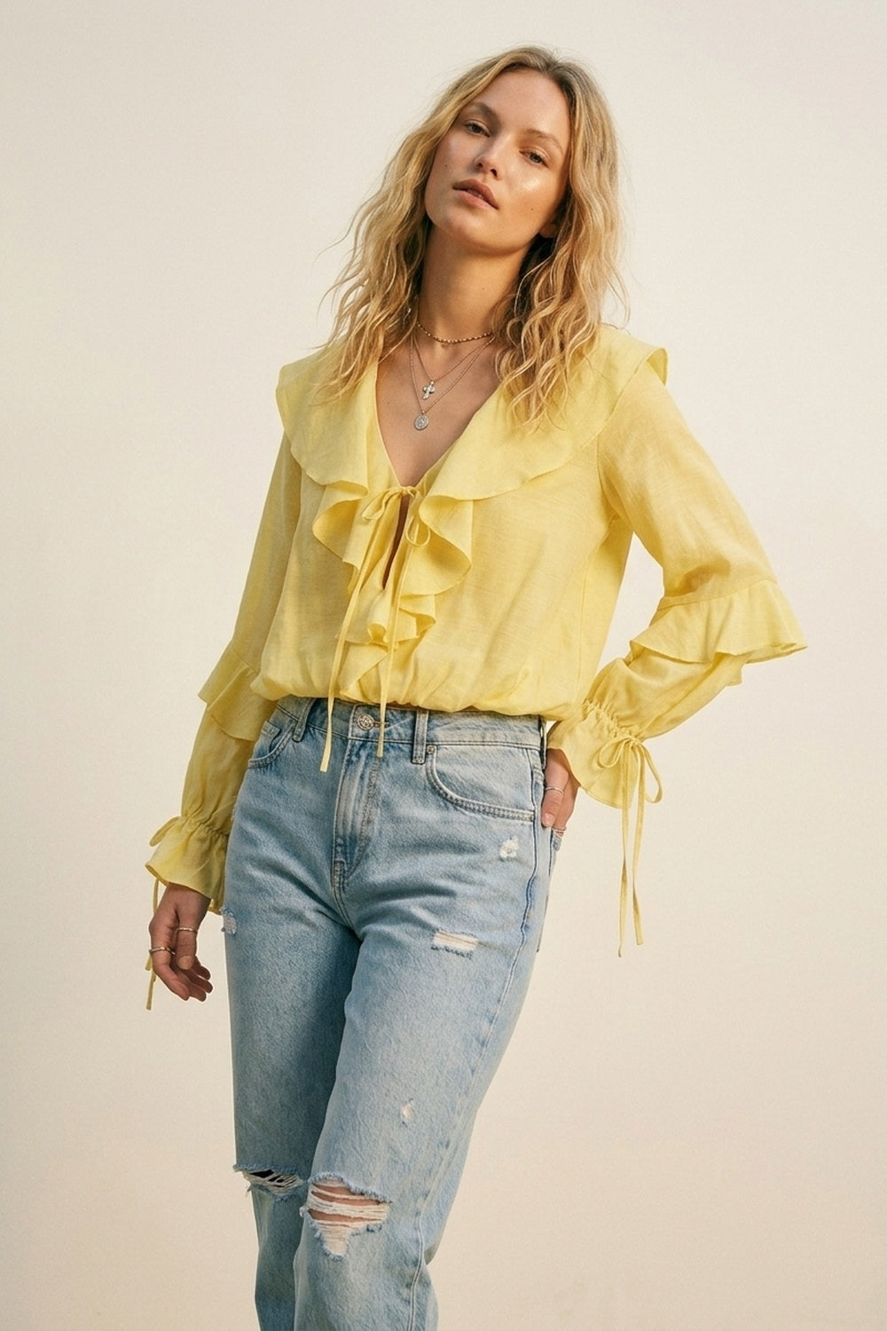Yellow Ruffled Tie-Front Long Sleeve Blouse