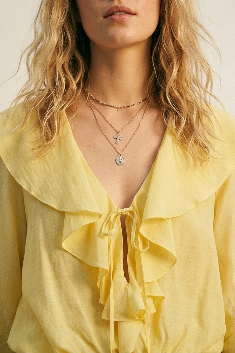 Yellow Ruffled Tie-Front Long Sleeve Blouse