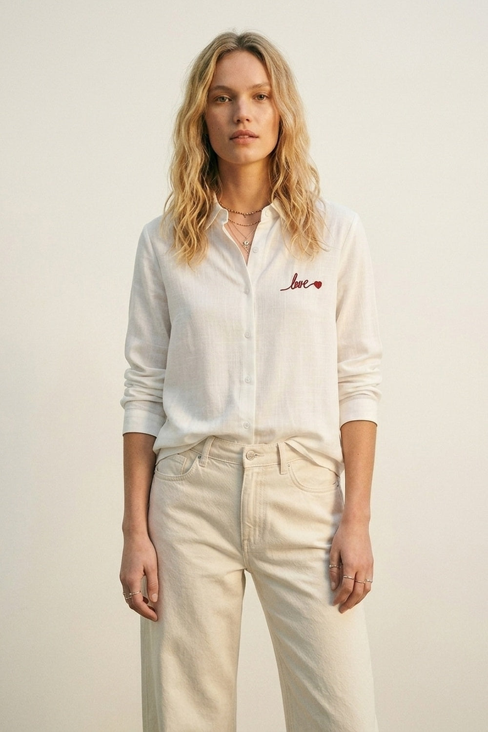 White Button-Up Shirt with Red Love Embroidery