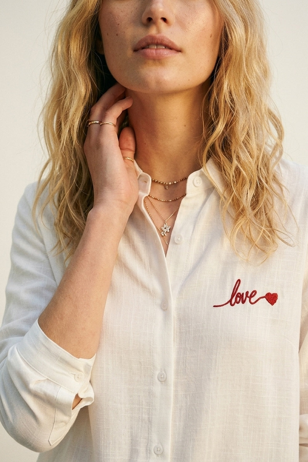 White Button-Up Shirt with Red Love Embroidery