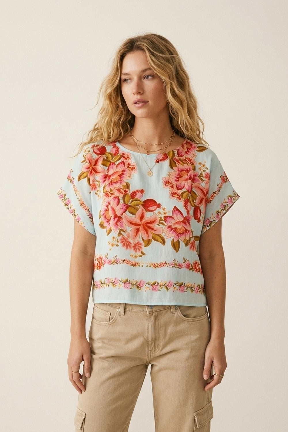 UNIKCOSA light blue floral woven boxy crop top
