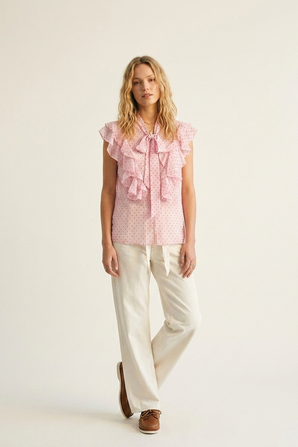 Light Pink Polka-Dot Chiffon Ruffle Bow Tie Sleeveless Blouse