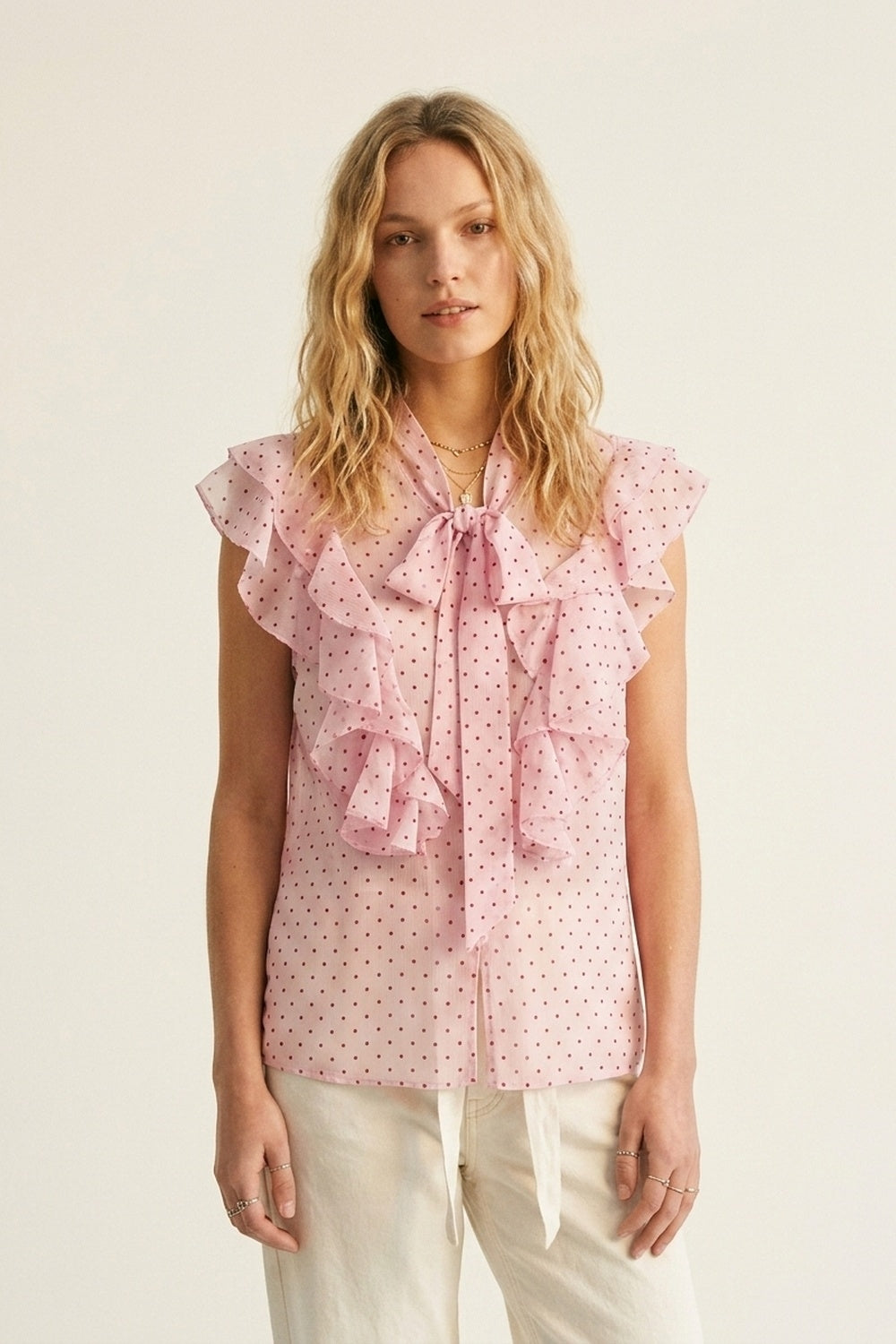 Light Pink Polka-Dot Chiffon Ruffle Bow Tie Sleeveless Blouse