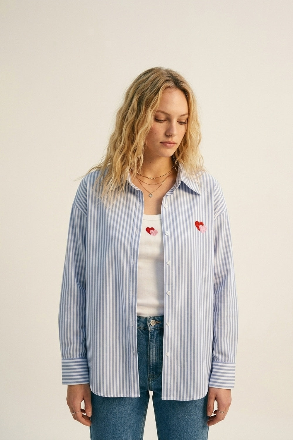 Blue Stripe Cotton Embroidered Heart Set t-shirt and shirt 2 pieces