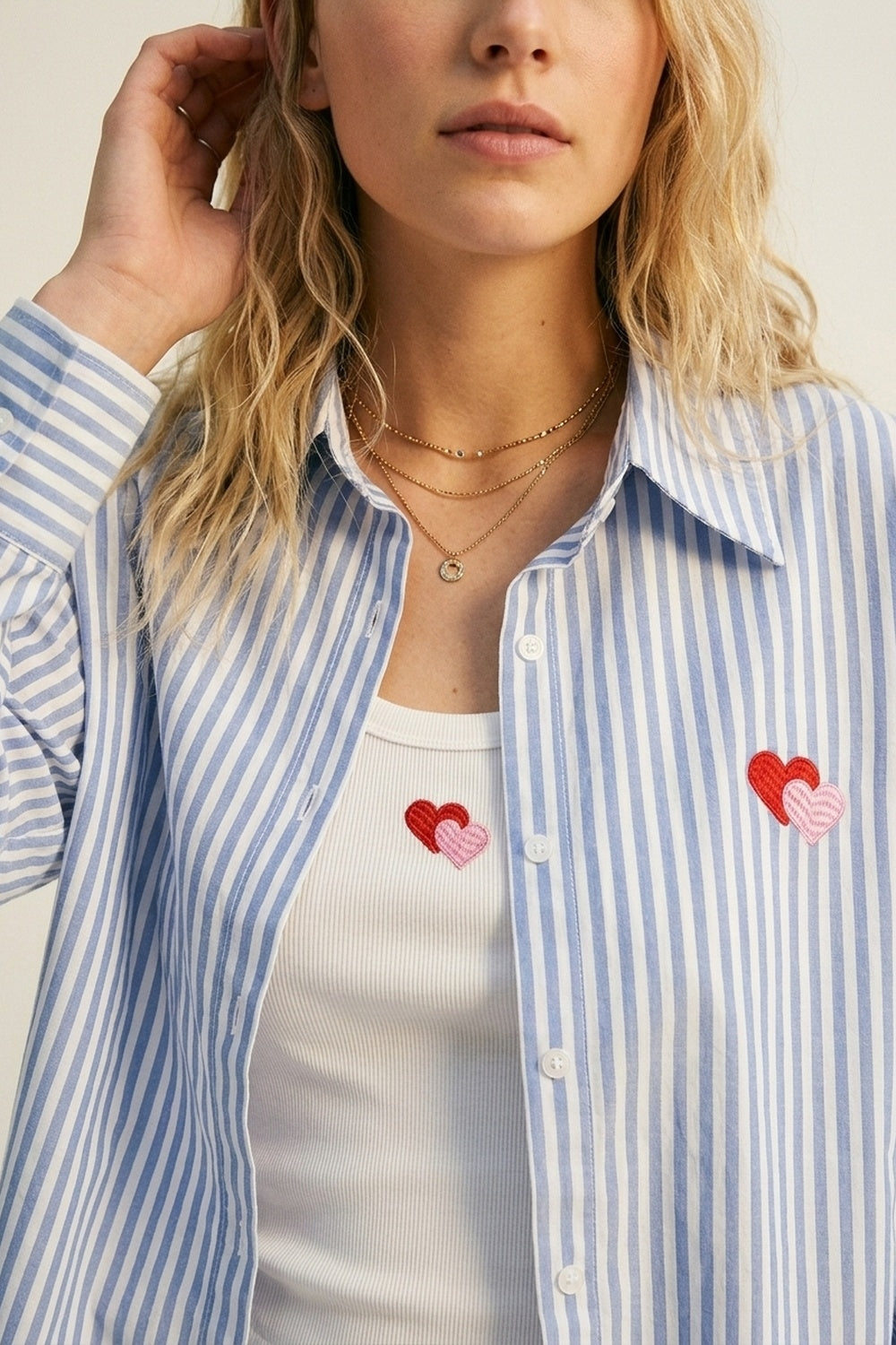 Blue Stripe Cotton Embroidered Heart Set t-shirt and shirt 2 pieces