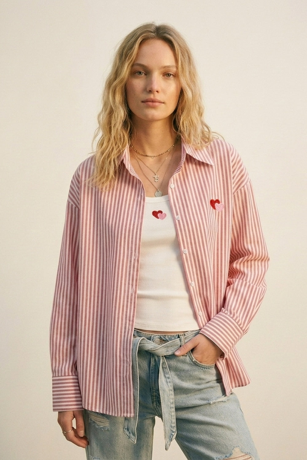 Red Stripe Cotton Embroidered Heart Set t-shirt and shirt 2 pieces