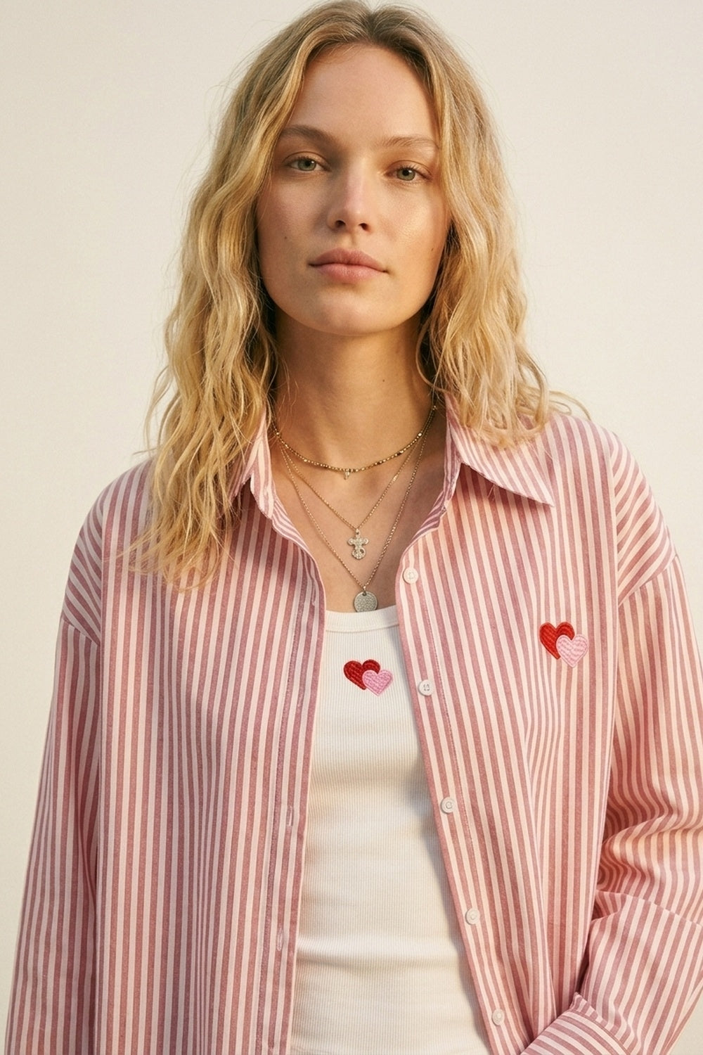 Red Stripe Cotton Embroidered Heart Set t-shirt and shirt 2 pieces