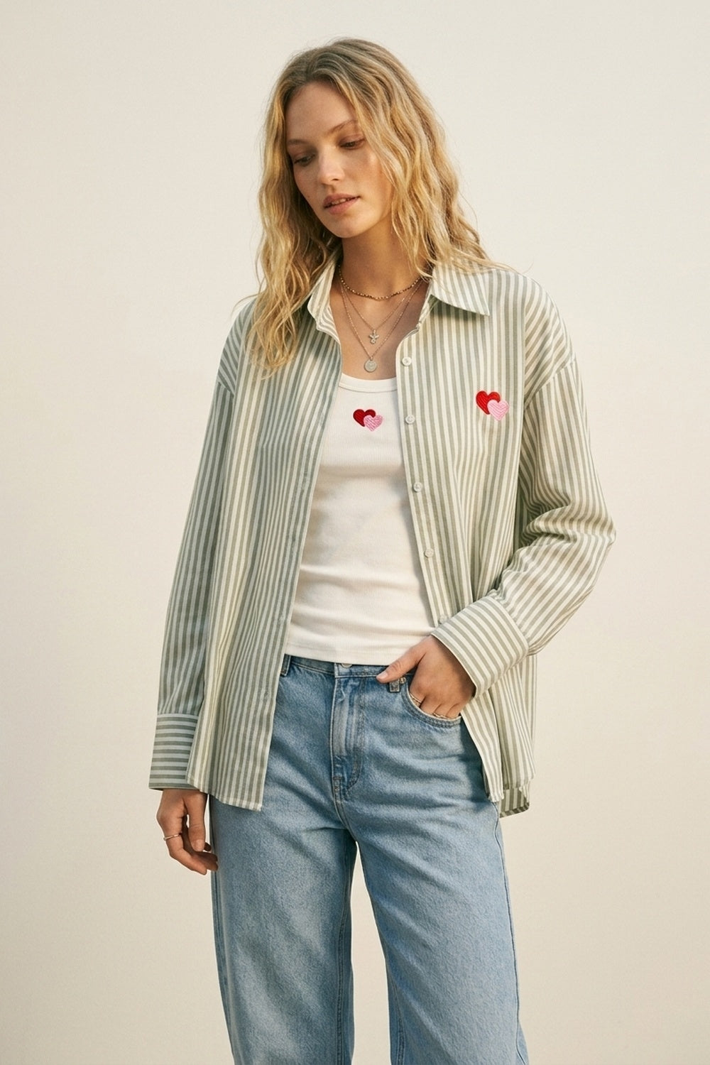 green Stripe Cotton Embroidered Heart Set t-shirt and shirt 2 pieces