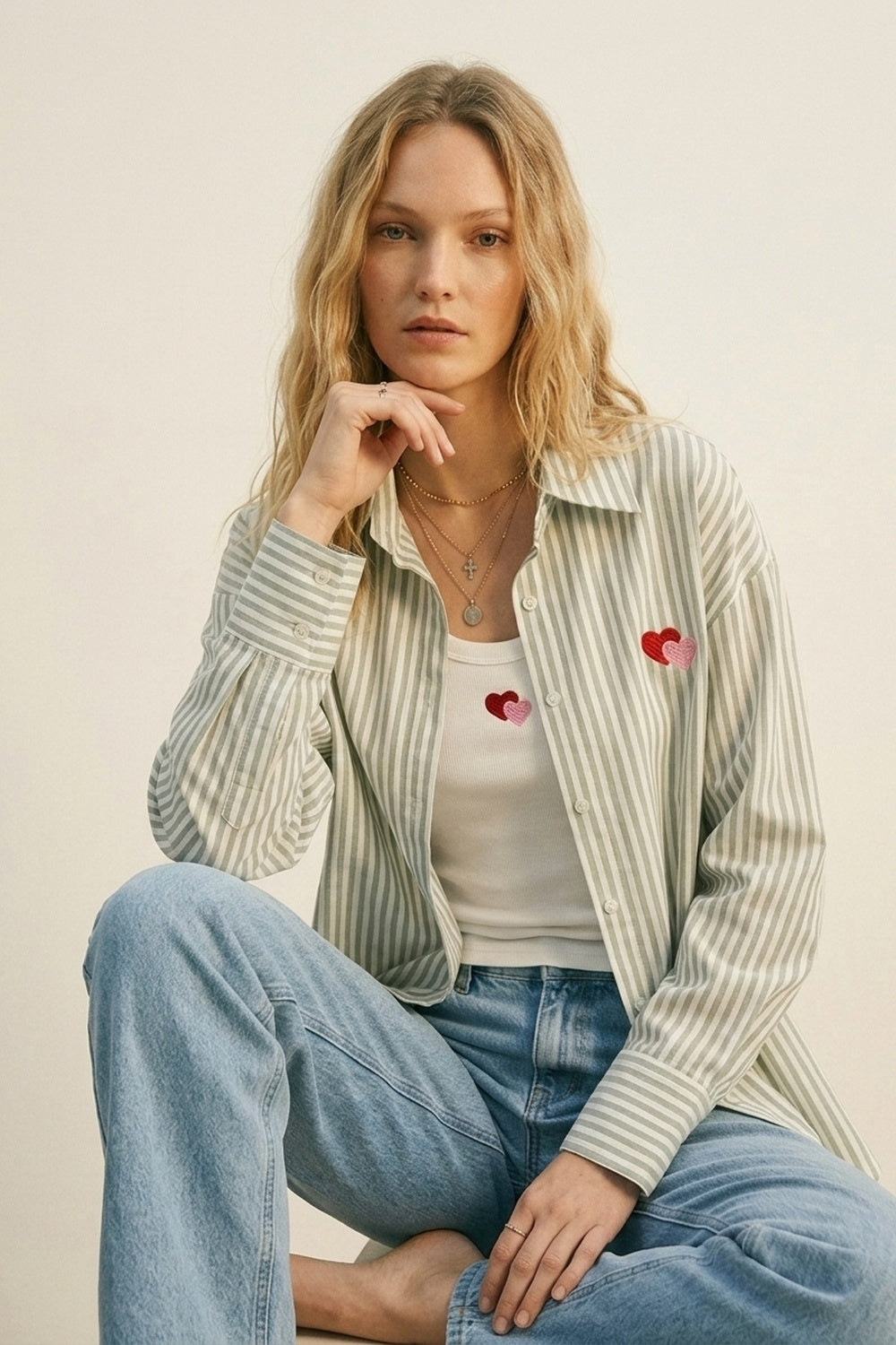 green Stripe Cotton Embroidered Heart Set t-shirt and shirt 2 pieces