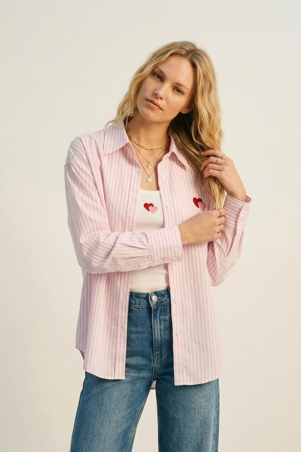 Pink Stripe Cotton Embroidered Heart Set t-shirt and shirt 2 pieces