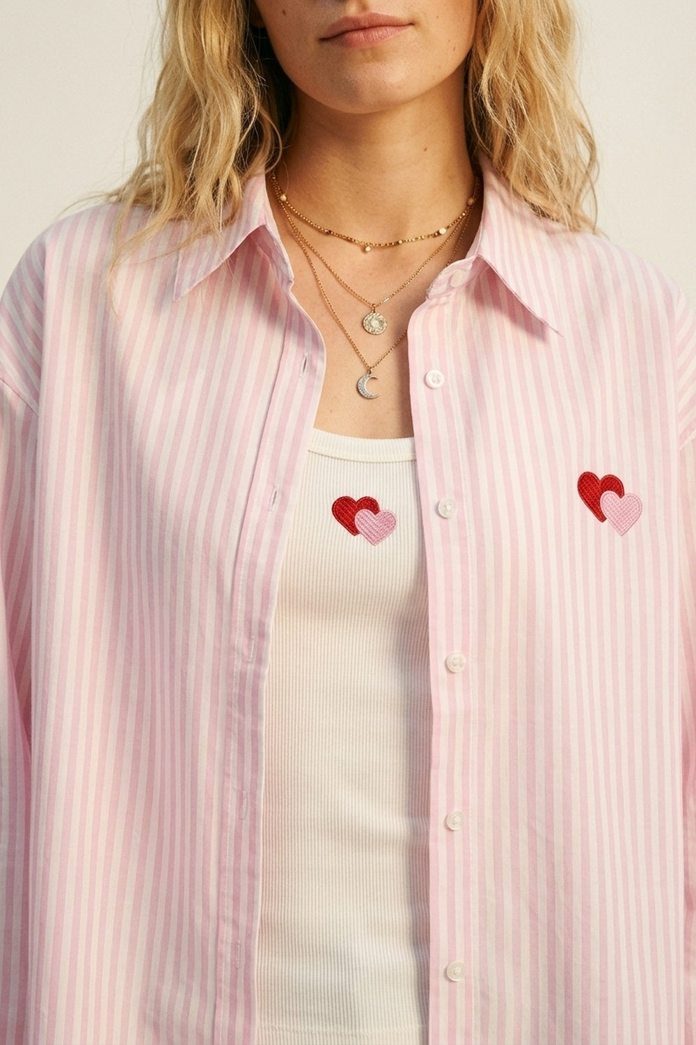 Pink Stripe Cotton Embroidered Heart Set t-shirt and shirt 2 pieces