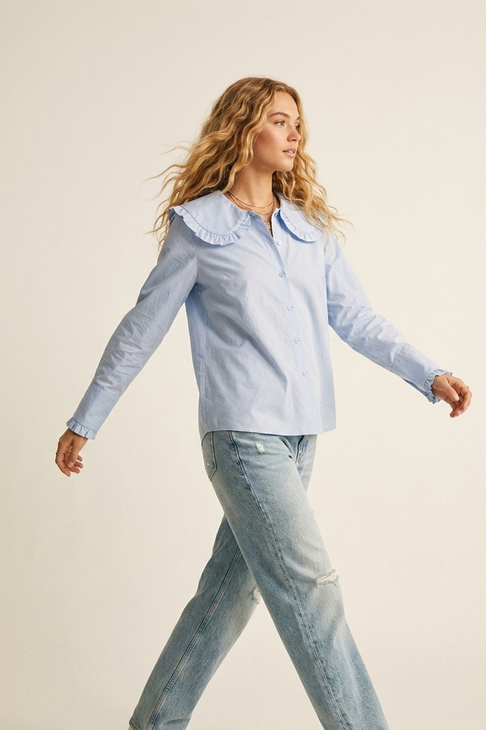 Light Blue Poplin Ruffle Collar Long Sleeve Regular Fit Shirt