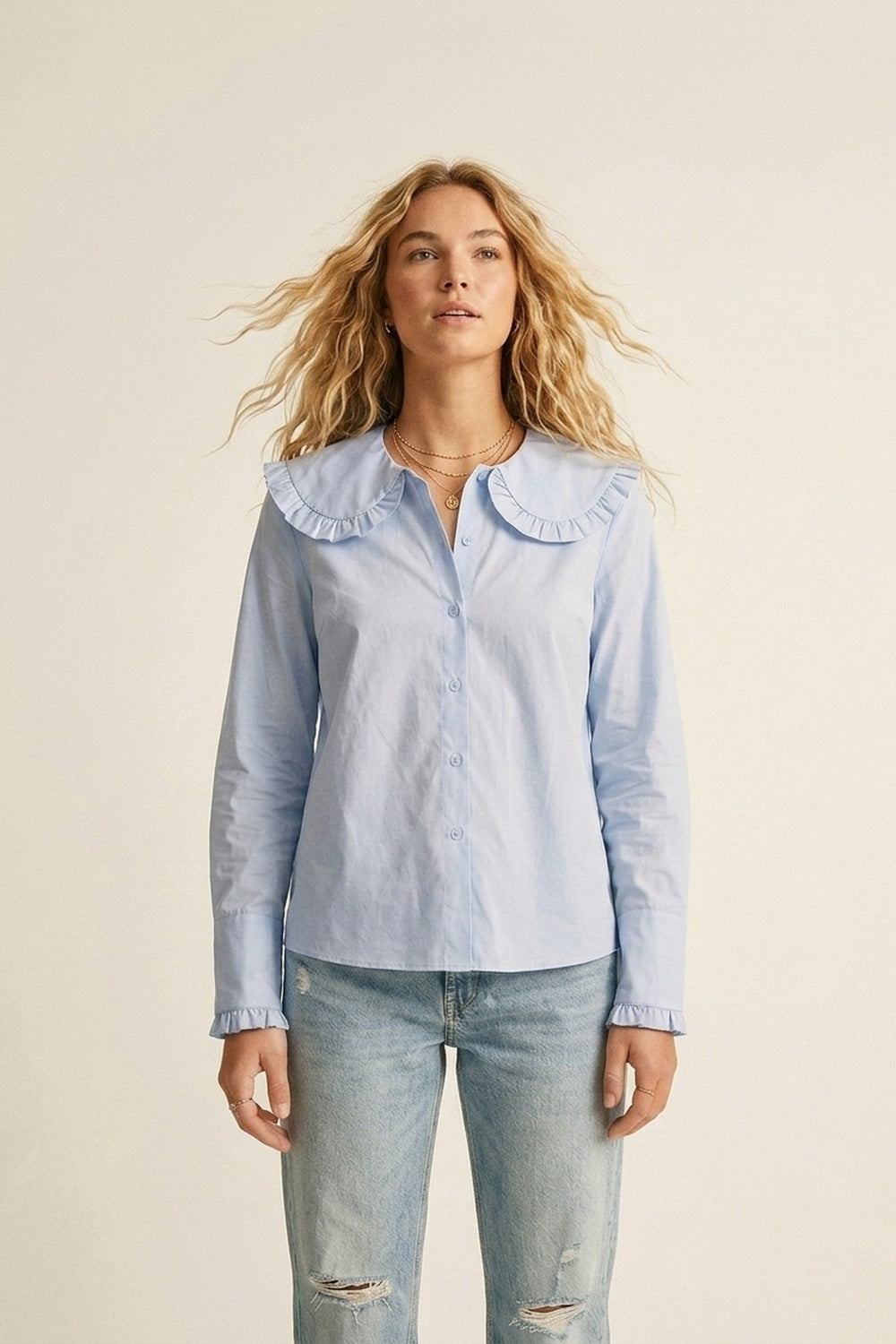 Light Blue Poplin Ruffle Collar Long Sleeve Regular Fit Shirt