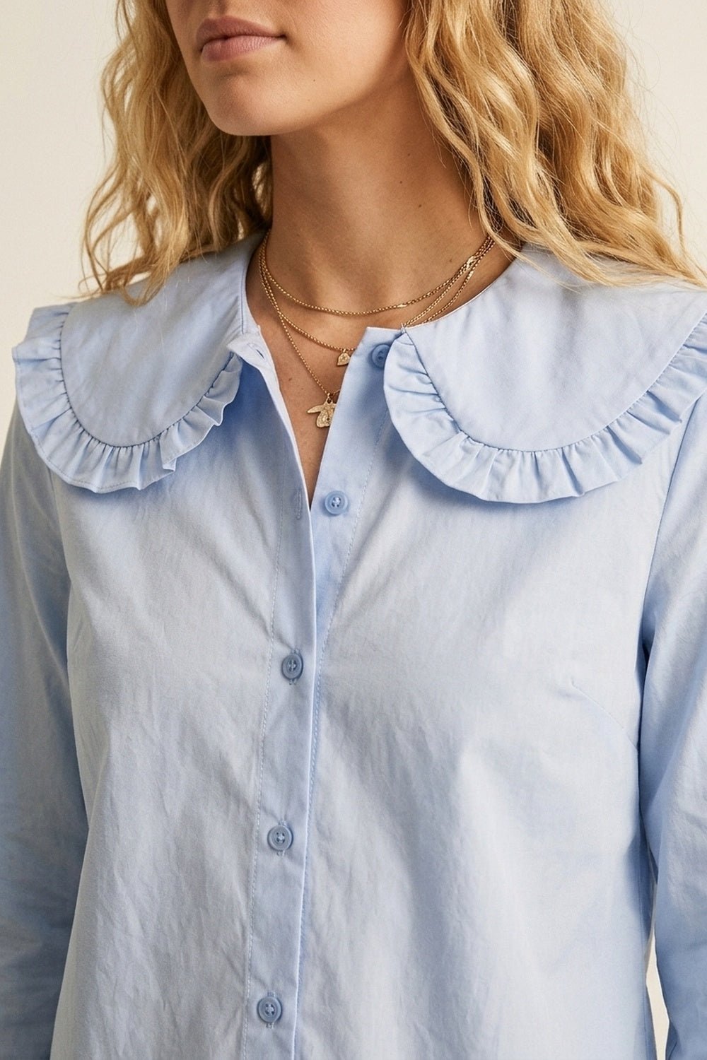 Light Blue Poplin Ruffle Collar Long Sleeve Regular Fit Shirt