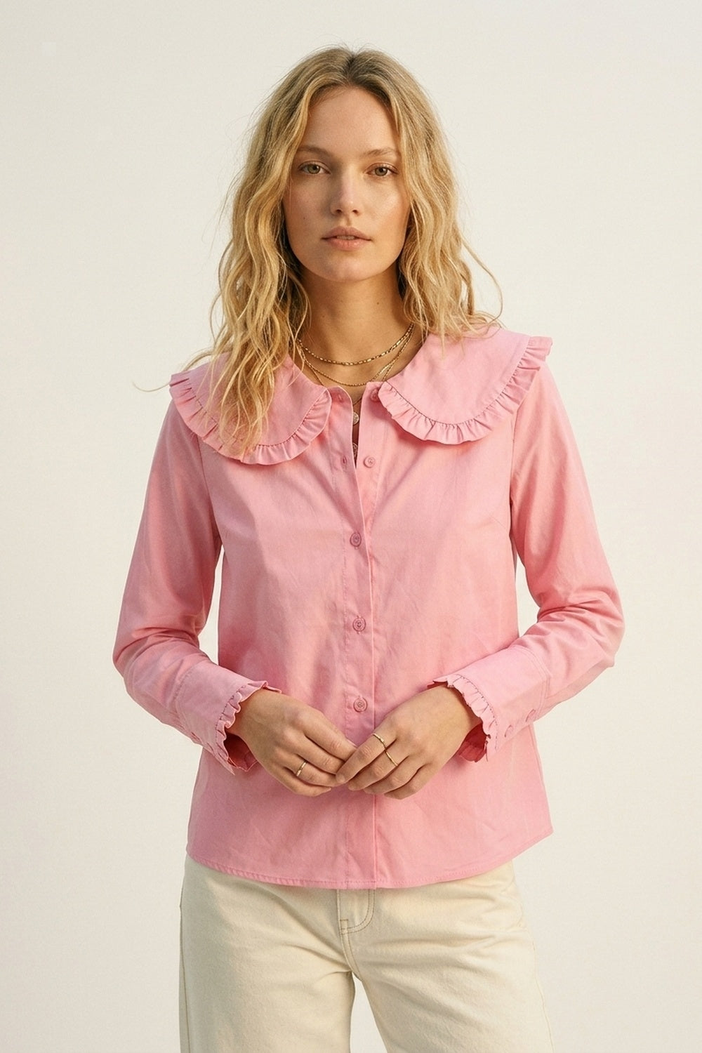 Pink Cotton Poplin Ruffle Prairie Collar Long Sleeve Shirt