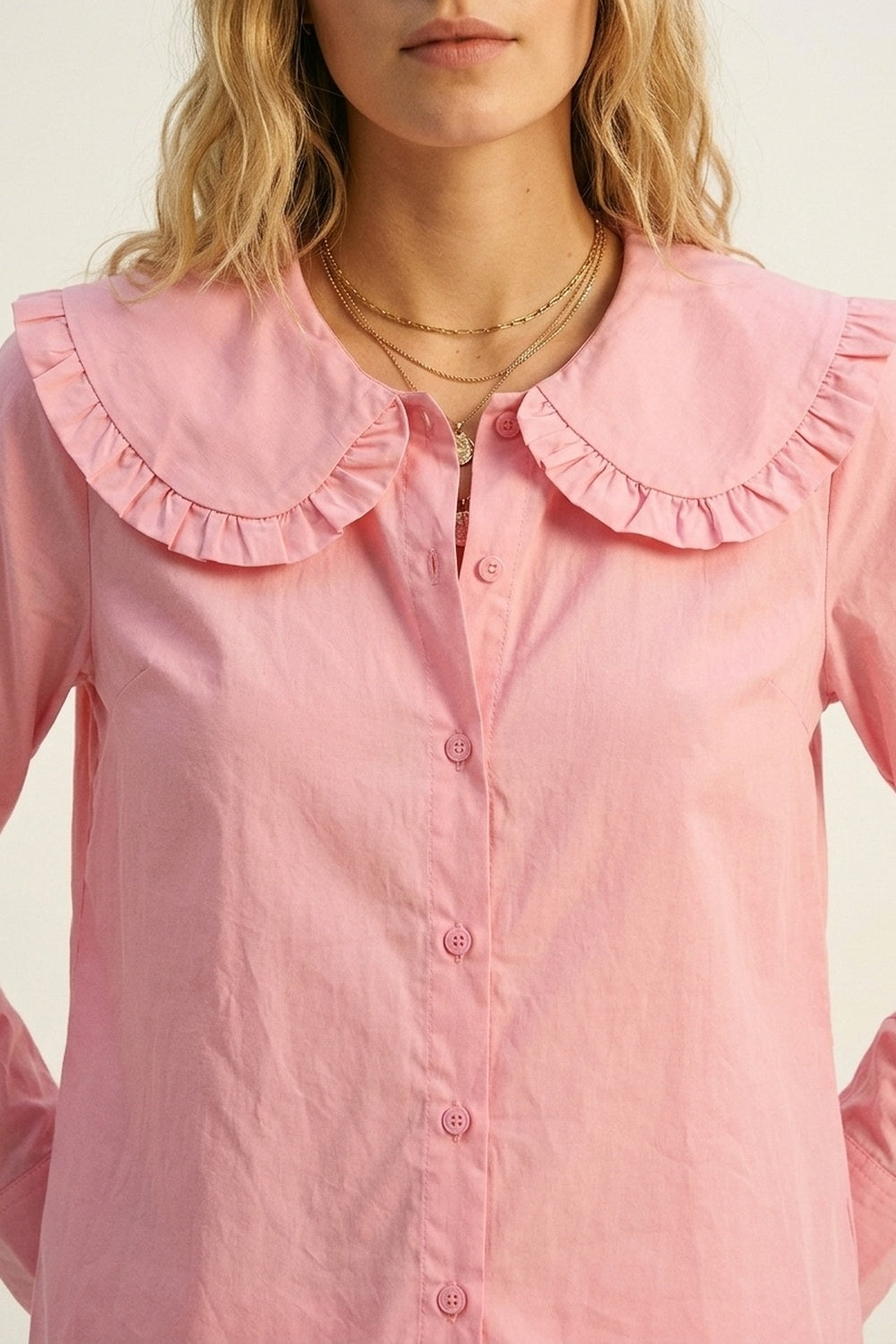 Pink Cotton Poplin Ruffle Prairie Collar Long Sleeve Shirt