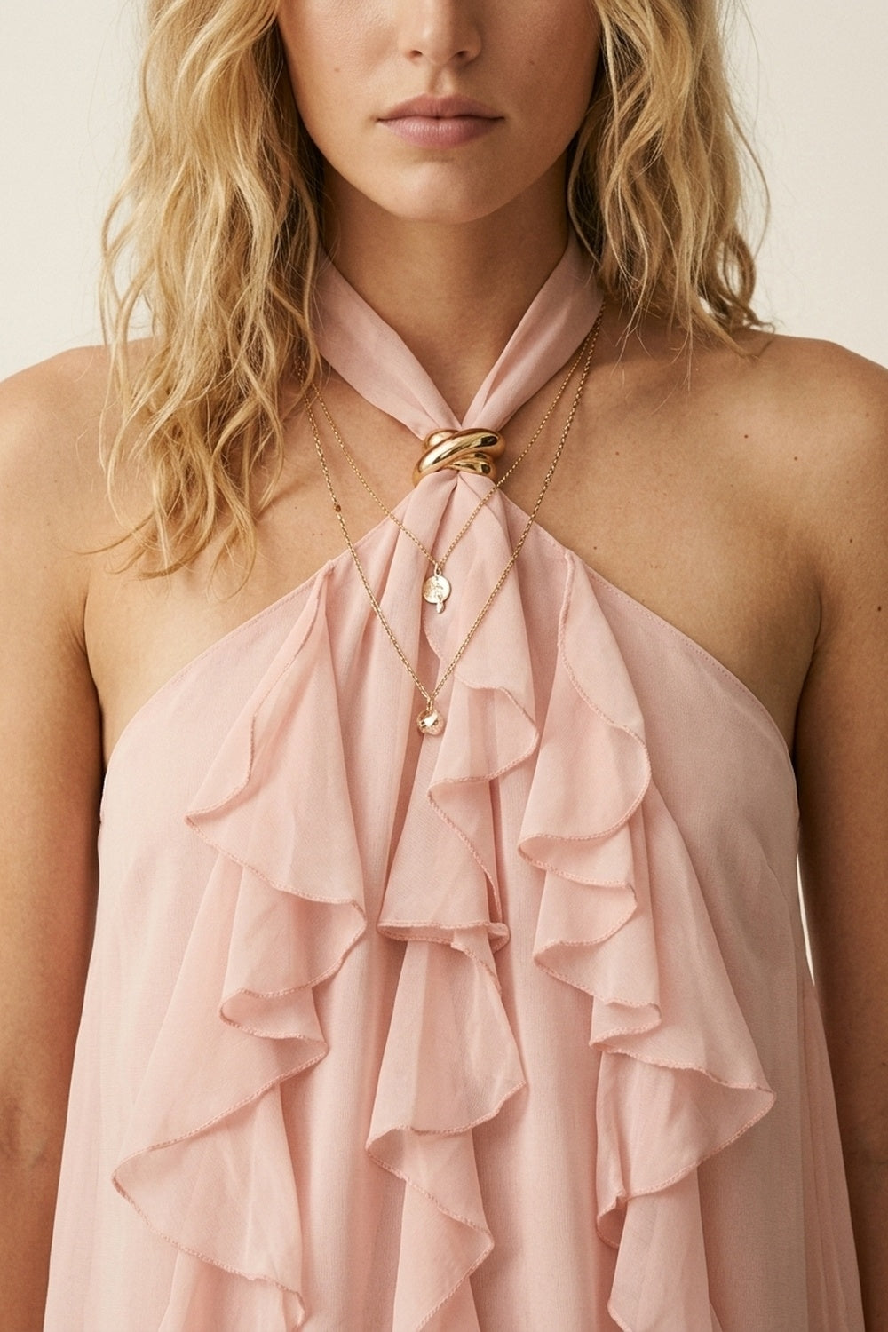 UNIKCOSA light pink chiffon ruffle halter top